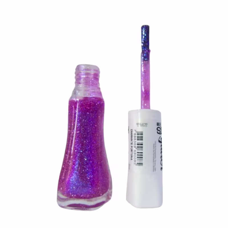 Frasco de esmalte glitter da marca HITS. O frasco é transparente, permitindo ver o esmalte com brilhos holográficos em tons de roxo e azul. O rótulo branco na parte superior exibe o logotipo e nome da marca "glitter" em letras pretas.