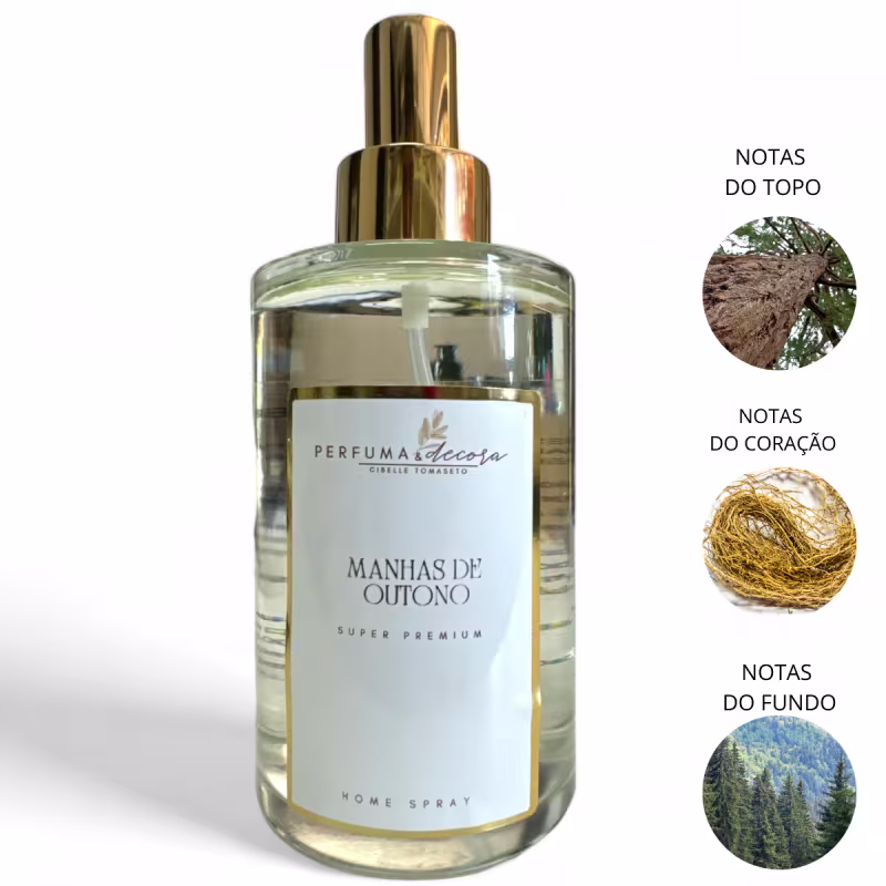 Home spray em frasco de vidro transparente com tampa dourada. Rótulo branco com o texto "Perfuma & Decora", "Manhãs de Outono". Imagem mostra círculos com representações visuais das notas de topo (galhos com folhas), coração (ninho), fundo (floresta).