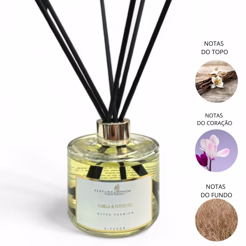 Difusor de aromas em um frasco de vidro transparente com hastes pretas para difundir o aroma. Rótulo branco escrito "Manhãs de Outono". Três círculos com as notas aromáticas: topo (madeira), coração (fibra vegetal) e fundo (paisagem florestal).