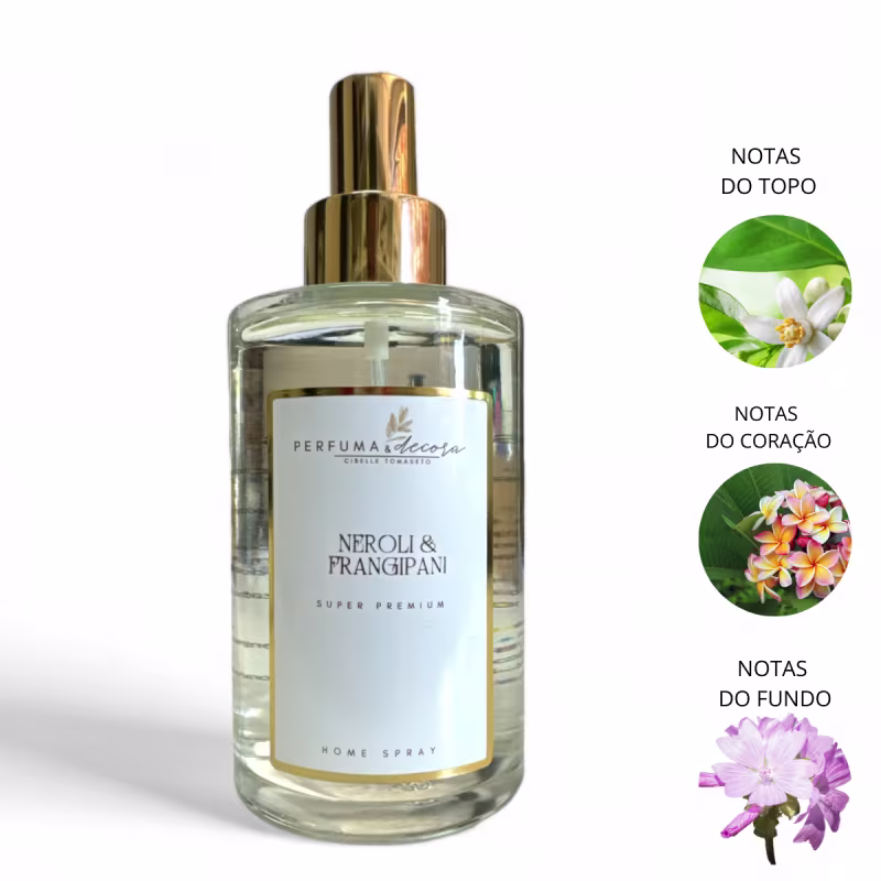Home spray em frasco de vidro transparente com tampa dourada. Rótulo branco contendo o nome "Perfuma & Decora" e "Neroli & Frangipani". Imagem mostra também ícones das notas de topo (flor branca), coração (flor laranja) e fundo (flor roxa).