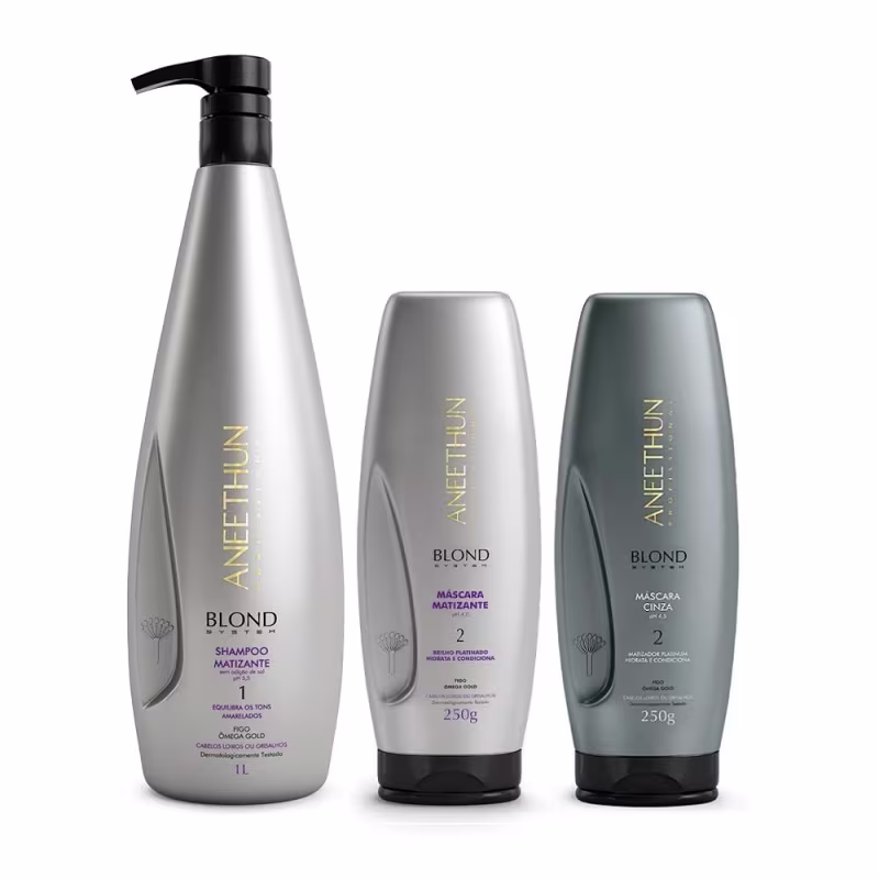Kit Aneethun Blond System Shampoo Matizante 1L + Máscara Matizante 250g + Máscara Cinza 250g