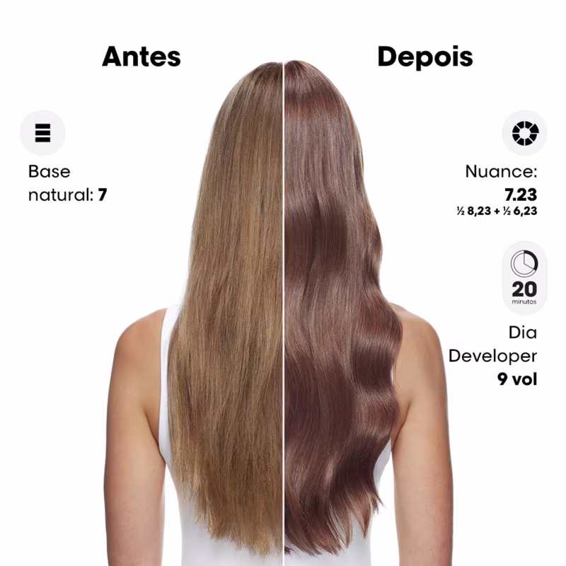 A imagem mostra os resultados de um tratamento capilar da linha L'Oréal Professionnel. Está dividida em duas partes: "Antes" e "Depois", mostrando os resultados obtidos a partir do uso do produto Dia Color.