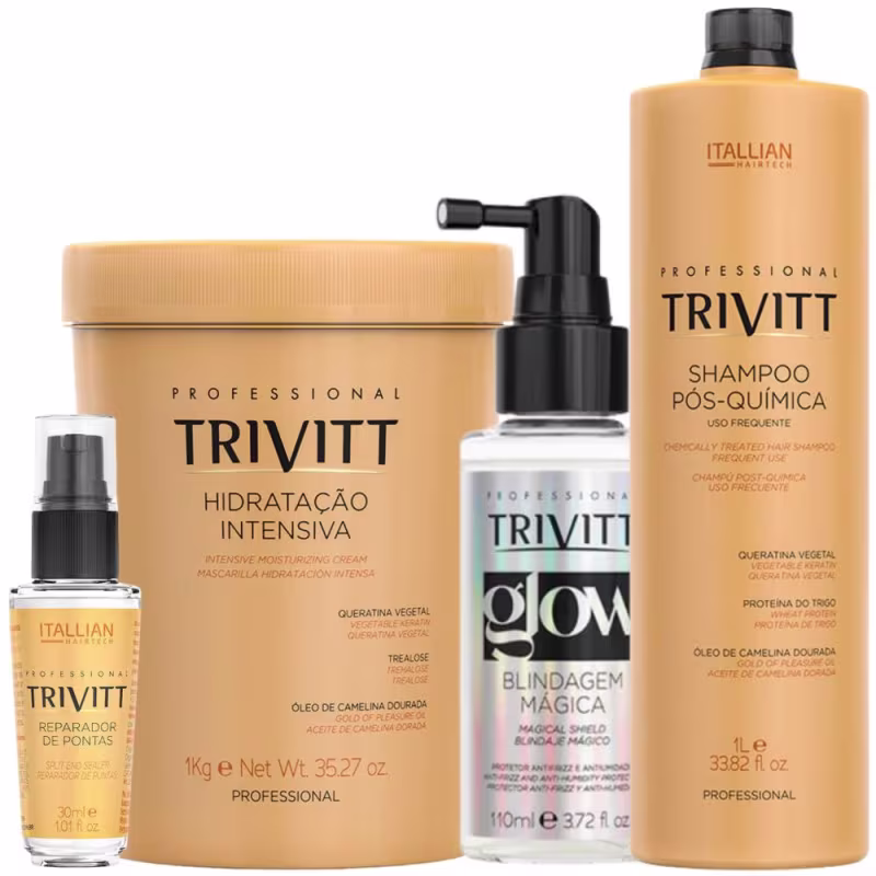 Trivitt - Kit Finalizador Glow Antifrizz Antiumidade, Hidratação 1kg, Reparador Pontas, Shampoo 1L