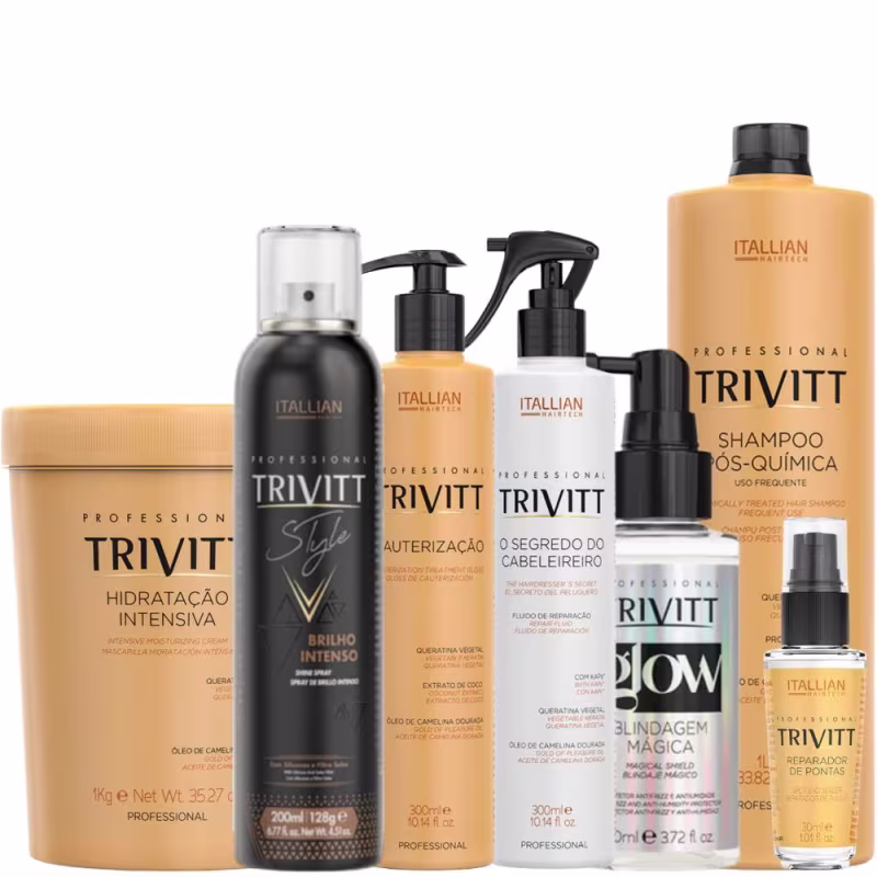A imagem mostra uma linha de produtos para cabelo da marca Itallian Hairtech. Os produtos incluem tratamentos, como brilho intenso, reparação, blindagem mágica e óleo de pontas. Também há embalagens para shampoo, hidratação e fluido de reparação.