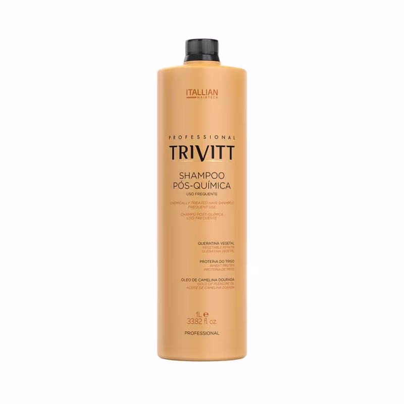 Shampoo pós-química da linha Trivitt. Embalagem plástica cilíndrica grande de cor bege. Tamanho de 1 litro.