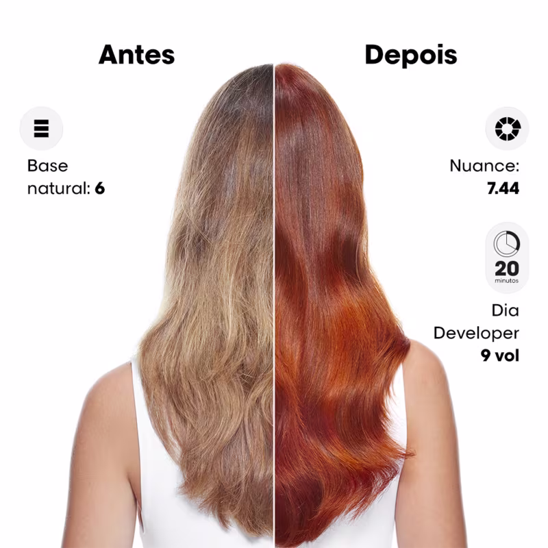 A imagem mostra os resultados de um tratamento capilar da linha L'Oréal Professionnel. Está dividida em duas partes: "Antes" e "Depois", mostrando os resultados obtidos a partir do uso do produto Dia Color.
