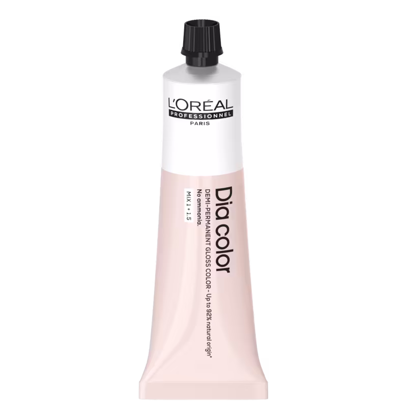 Produto de coloração capilar da linha L'Oréal Professionnel Dia Color. Embalagem em tubo plástico branco com detalhes em preto. Rótulo frontal exibe o logotipo L'Oréal Professionnel e o nome do produto "Dia Color" em letras pretas.