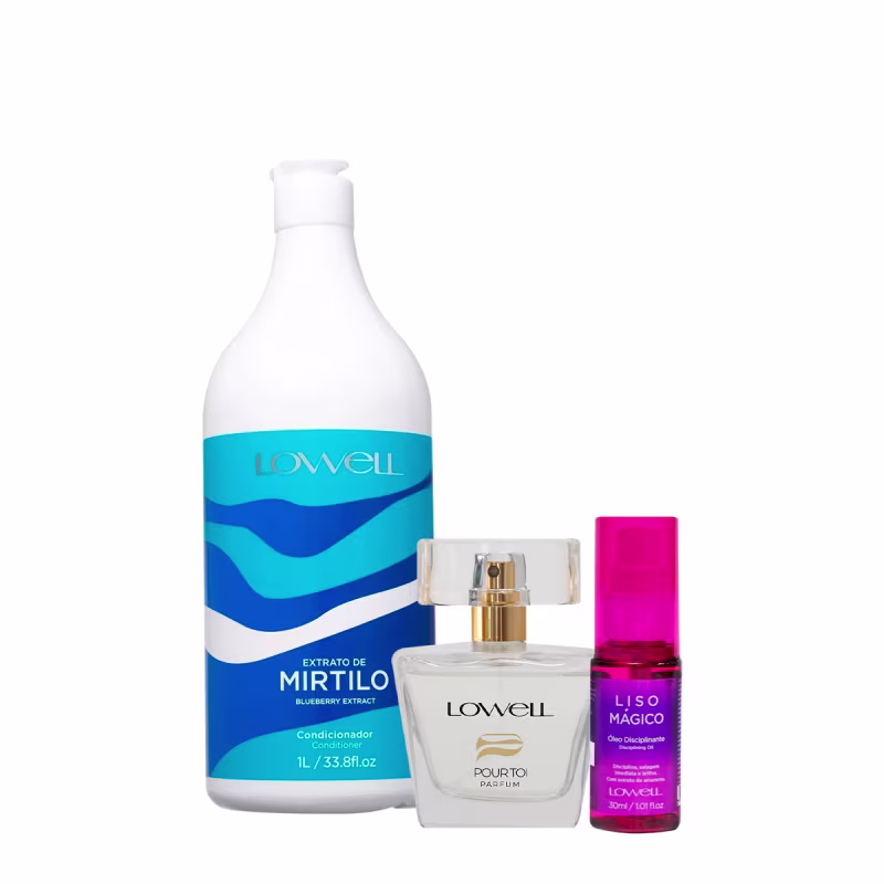 Kit Lowell Extrato de Mirtilo Condicionador Óleo e Pour Toi Parfum Cabelo e Corpo (3 produtos)