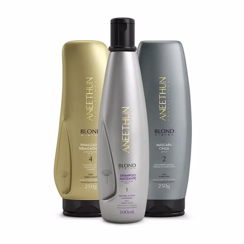 Kit Aneethun Blond System - Shampoo Matizante 300ml + Máscara Cinza 250g + Fluido Termoativado 250g