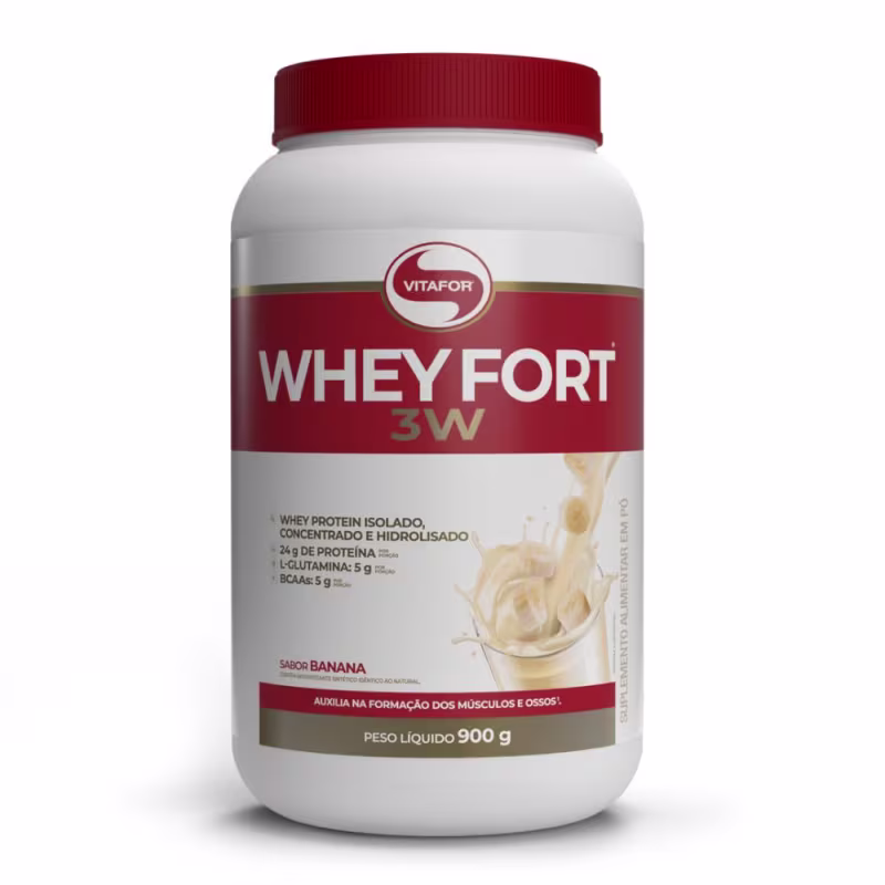 Frasco branco com tampa vermelha da marca Vitafor, contendo o produto "Whey Fort 3W" em sabor banana. O rótulo apresenta informações sobre o conteúdo, incluindo 24g de proteína e 5g de L-glutamina por porção.