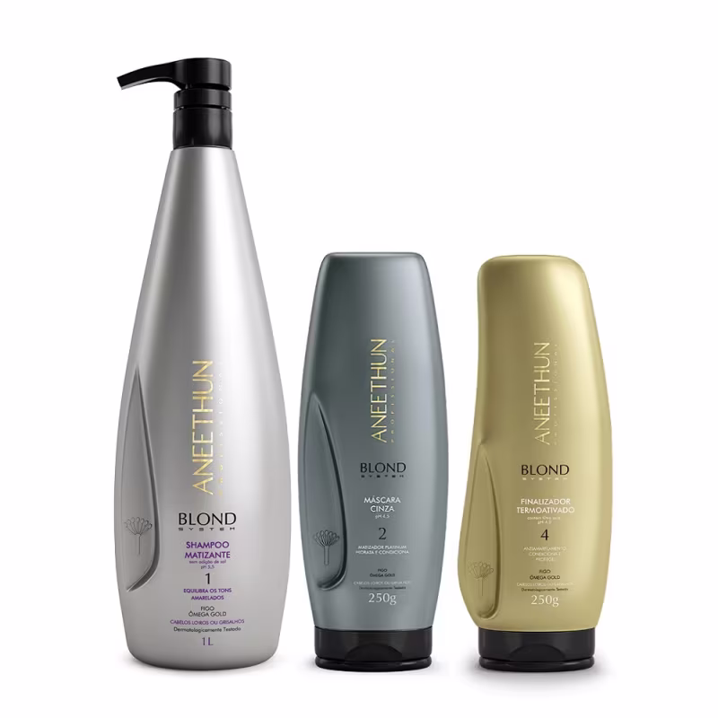 Kit Aneethun Blond System - Shampoo Matizante 1L + Máscara Cinza 250g + Finalizador Termoativado 250g