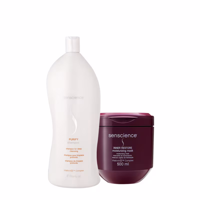 Kit Senscience com Purify Shampoo Antirresíduo Litro e máscara Inner Restore Moisturizing 500ml