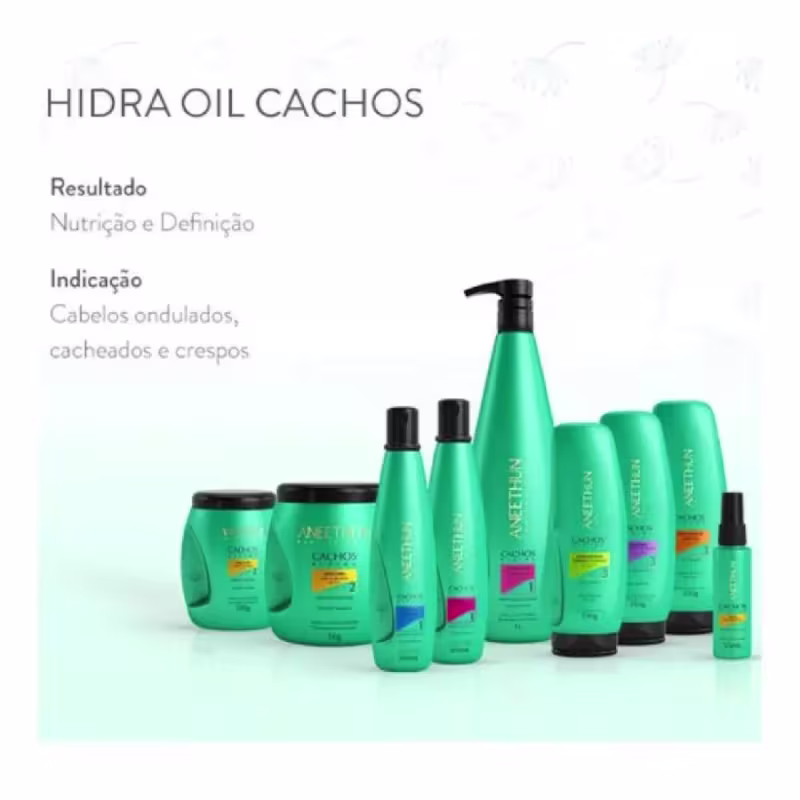 Todos os produtos da linha dispostos lado a lado e o texto: "resultado: nutrição e definição" "indicação: cabelos ondulados, cacheados e crespos."