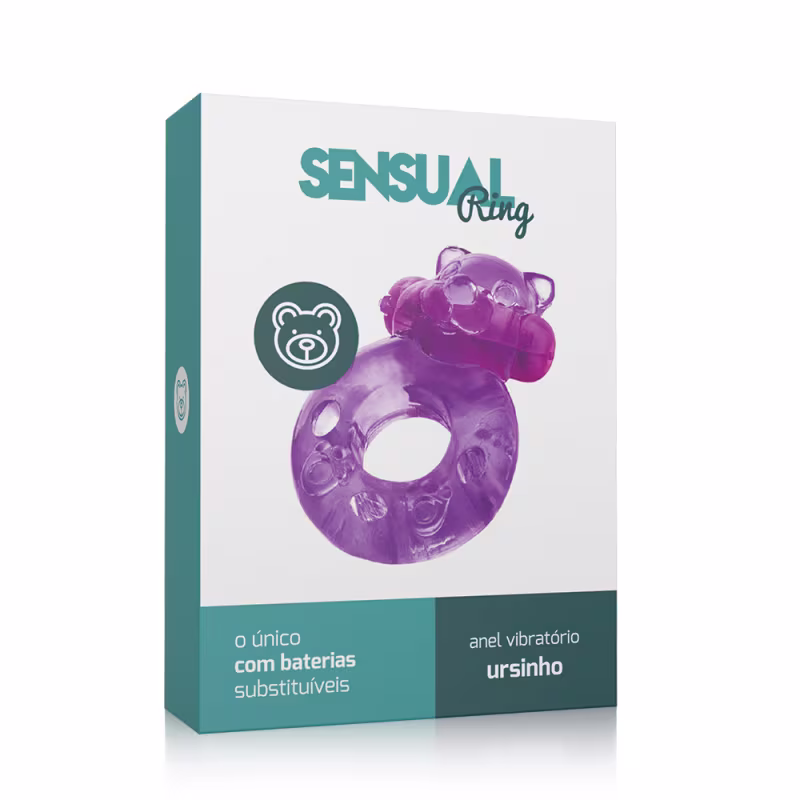 Caixa do Anel Mágico com Vibrador em Silicone - Ursinho. A embalagem contém o nome do produto "Sensual Ring" e informações sobre ser o único com baterias substituíveis e ser um anel vibratório.