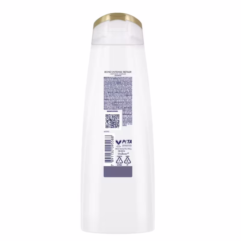 A imagem mostra verso do shampoo Bond Intense Repair da marca Dove, com textos sobre o produto, como modo de uso, ingredientes, selos, etc.