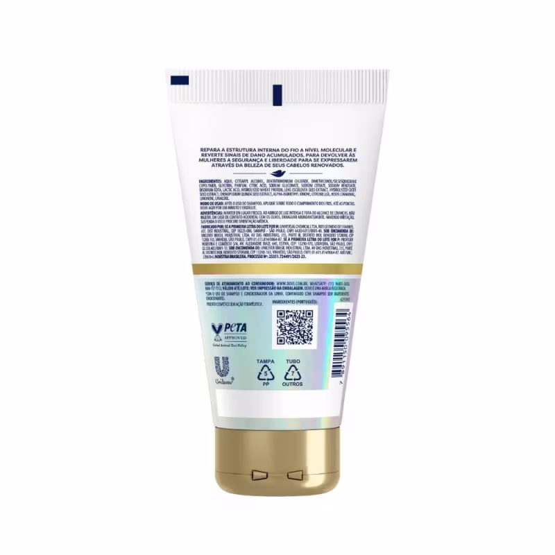 A imagem mostra o verso do condicionador Bond Intense Repair da marca Dove, contendo informações sobre o produto como modo de uso e ingredientes.