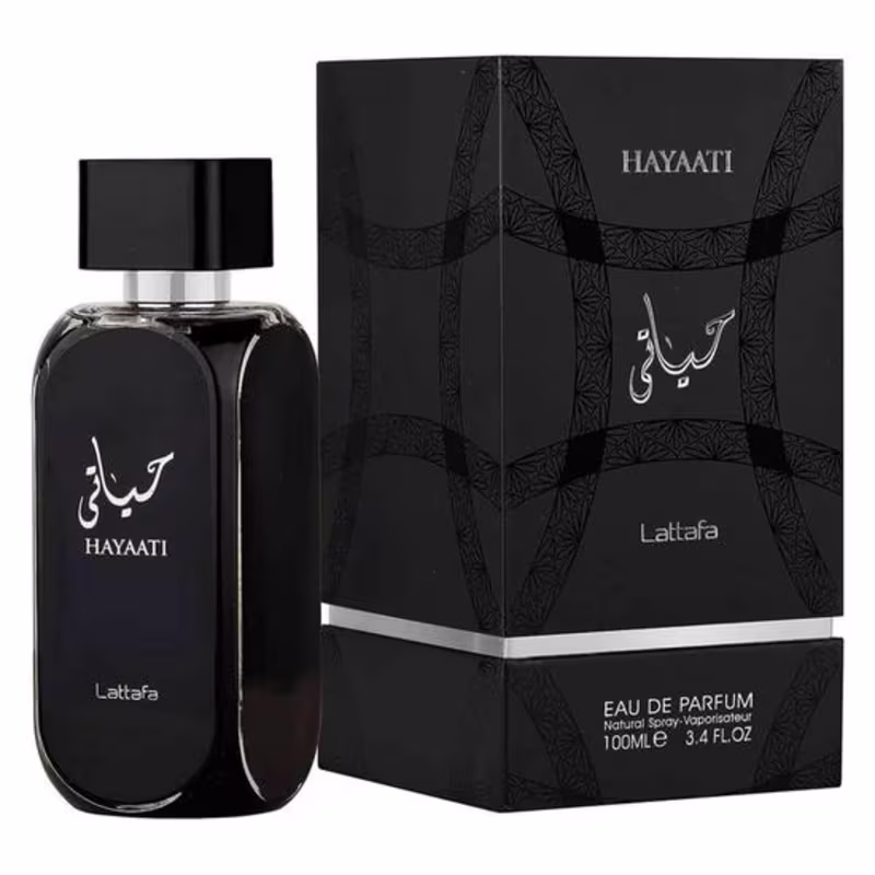 A imagem mostra o Perfume Importado Unissex Hayaati de Lattafa Perfumes e sua caixa ao lado.