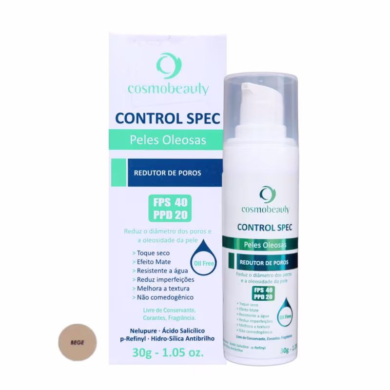 A embalagem é um frasco plástico branco com uma bomba de aplicação. O rótulo do produto exibe informações sobre suas propriedades, como redutor de poros, FPS 40 e PPD 20, além de mencionar que é livre de óleo.