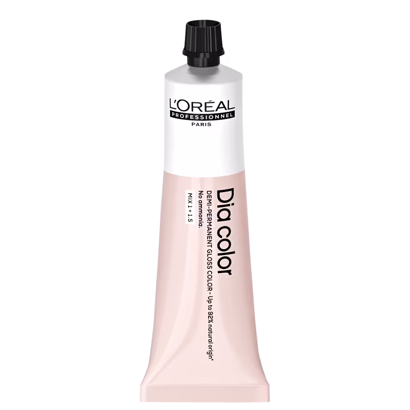 Produto de coloração capilar da linha L'Oréal Professionnel Dia Color. Embalagem em tubo plástico branco com detalhes em preto. Rótulo frontal exibe o logotipo L'Oréal Professionnel e o nome do produto "Dia Color" em letras pretas.