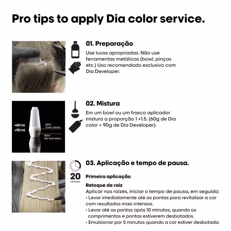 Esta imagem apresenta instruções e produtos para aplicação de serviço de coloração de cabelo Dia da L'Oréal Professionnel. Mostra uma foto de cabelo sendo aplicado com tinta.