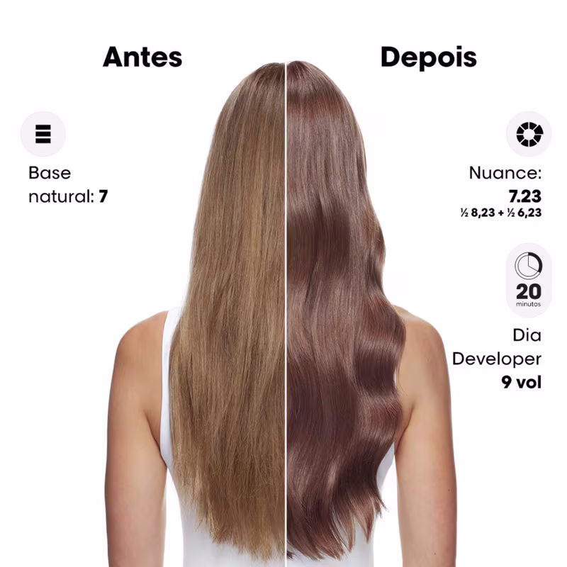 A imagem mostra os resultados de um tratamento capilar da linha L'Oréal Professionnel. Está dividida em duas partes: "Antes" e "Depois", mostrando os resultados obtidos a partir do uso do produto Dia Color.