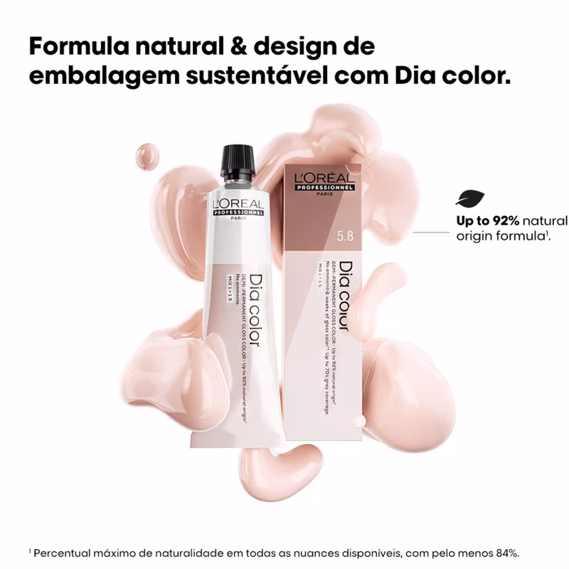 Produtos de coloração capilar da linha Dia Color da L'Oréal Professionnel. Embalagens plásticas em tons de bege e branco. Frascos e tubos contendo o produto de coloração.
