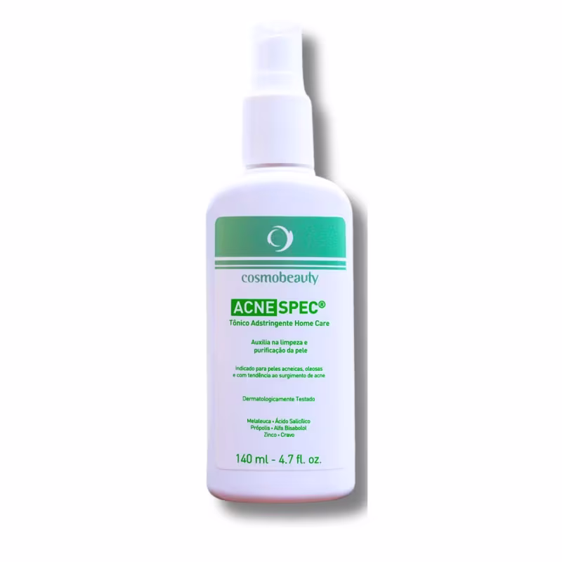Tônico adstringente da linha Acnespec da marca Cosmobeauty. A embalagem é um frasco branco com rótulo verde, contendo 140 ml do produto. Auxilia na limpeza e purificação da pele, sendo indicado para peles acneicas e oleosas.