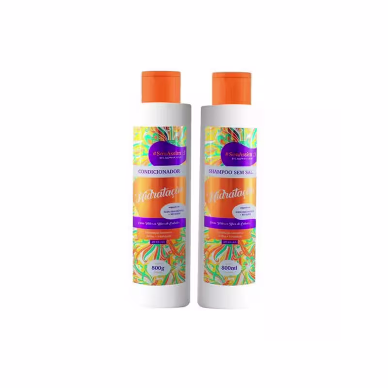 São dois frascos de produtos para cabelos da Alpha Line. Um é um shampoo sem sal e o outro é um condicionador. Os frascos são cilíndricos, brancos e com tampas laranja. As embalagens apresentam um design colorido com padrões abstratos em tons vibrantes