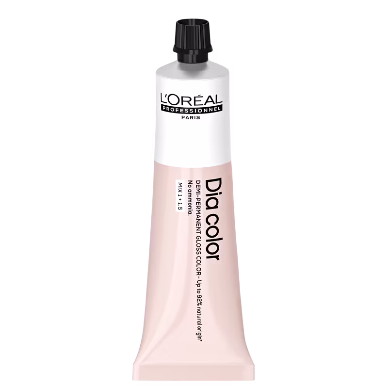 Produto de coloração capilar da linha L'Oréal Professionnel Dia Color. Embalagem em tubo plástico branco com detalhes em preto. Rótulo frontal exibe o logotipo L'Oréal Professionnel e o nome do produto "Dia Color" em letras pretas.