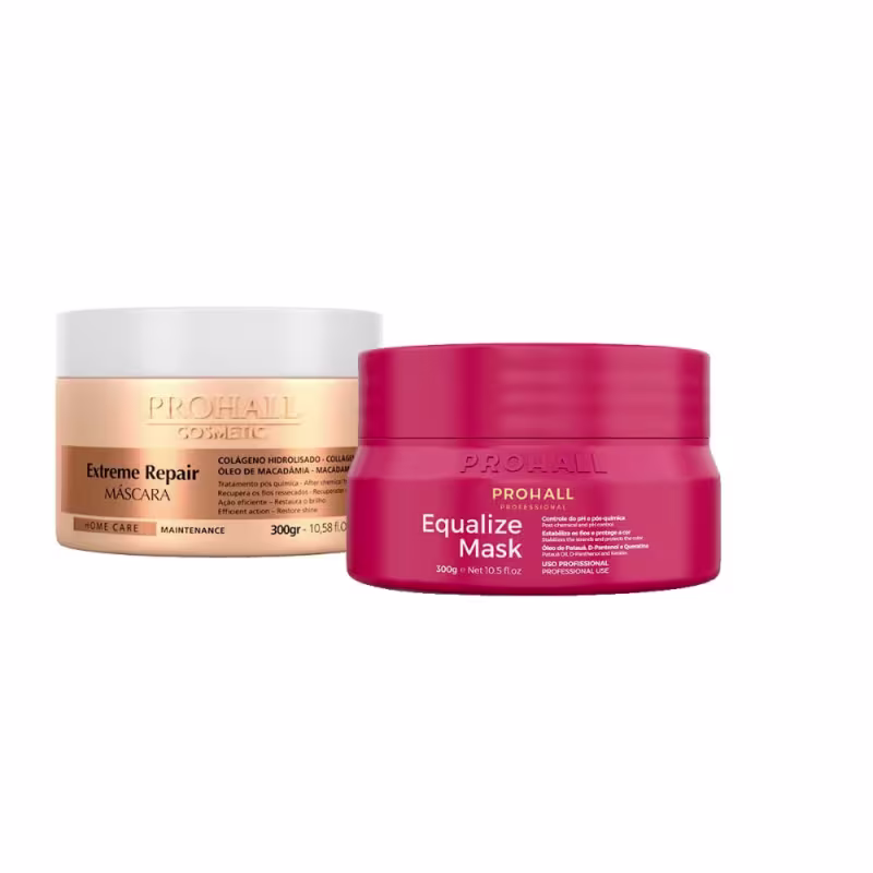 A imagem mostra um kit de Prohall Cosmetic com as máscaras Equalize Mask e Extreme Repair.