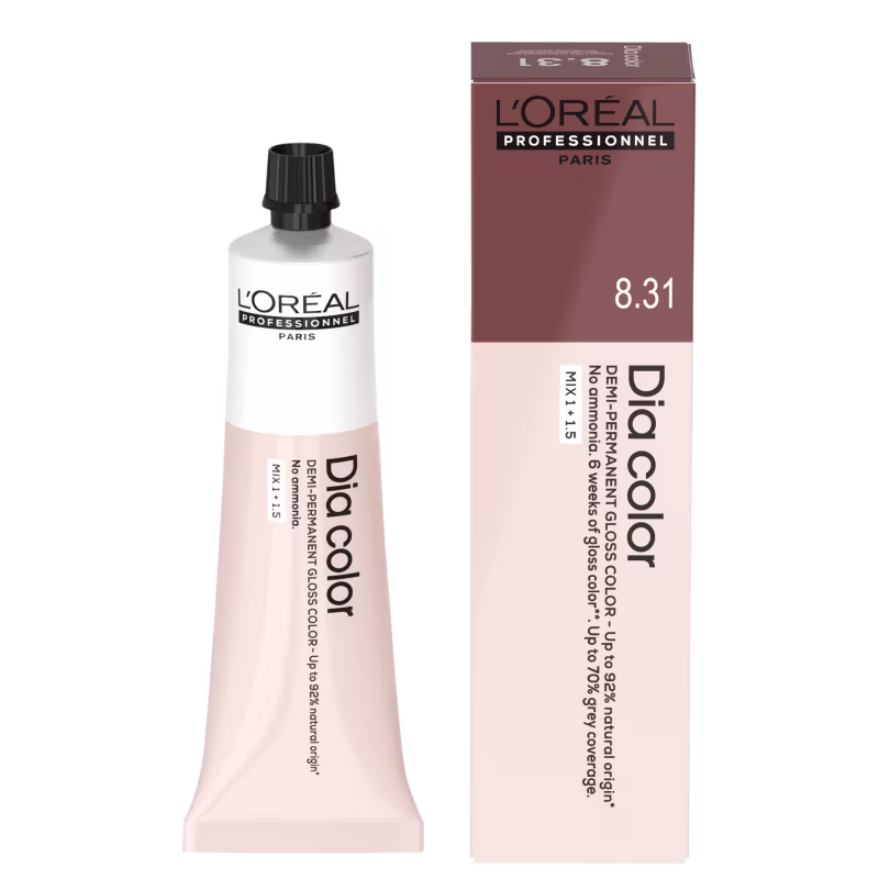 O produto apresentado é um tonalizante de cabelo da linha L'Oréal Professionnel. Consiste em um tubo plástico branco com a tampa preta contendo o creme colorante, e uma caixa retangular na cor bege claro.