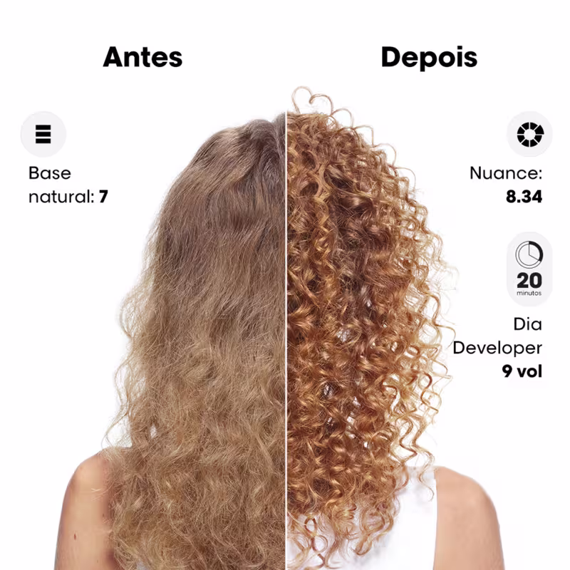 A imagem mostra os resultados de um tratamento capilar da linha L'Oréal Professionnel. Está dividida em duas partes: "Antes" e "Depois", mostrando os resultados obtidos a partir do uso do produto Dia Color.
