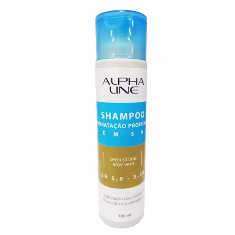 Shampoo em frasco cilíndrico de plástico de 300ml. O frasco tem uma parte superior azul clara e uma parte inferior âmbar. O rótulo branco exibe o nome da marca "Alpha Line" e indica que é um shampoo de hidratação profunda