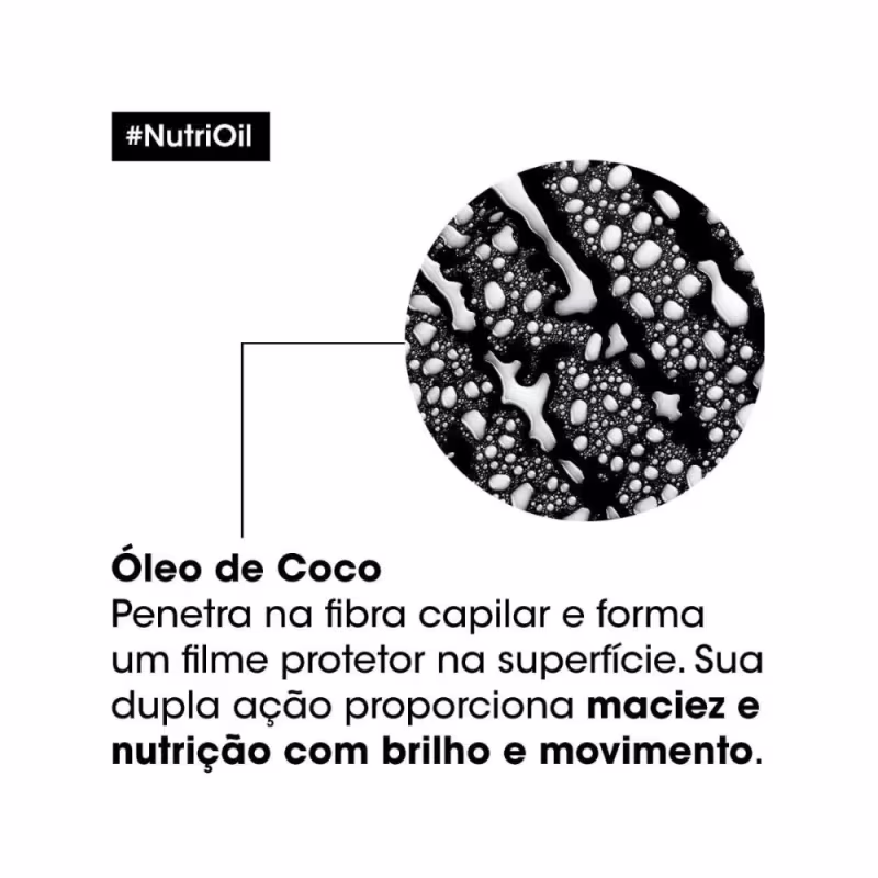 A imagem apresenta uma representação do óleo de coco. Abaixo, há um texto que descreve as propriedades:  penetra na fibra capilar e forma um filme protetor na superfície. Sua dupla ação proporciona maciez e nutrição com brilho e movimento.
