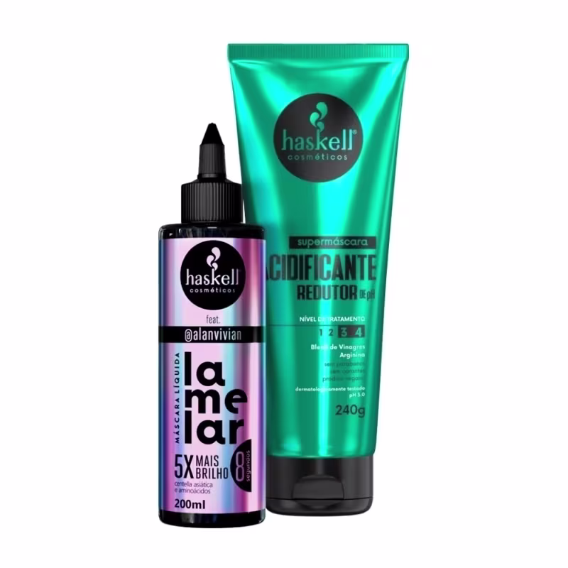 Kit com máscara capilar da linha Lamelar e tratamento capilar da linha Supermáscara da marca Haskell.