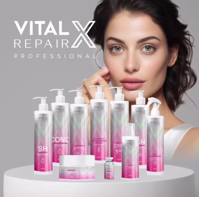 A imagem mostra uma modelo e, mais a frente, a linha completa de produtos capilares.