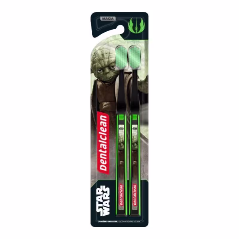 Este é um conjunto de duas escovas de dentes da marca Dentalclean, com cerdas verdes. As escovas estão com a imagem do mestre Yoda estampas. A embalagem tem as cores vermelha, verde e preta, com os logotipos "Dentalclean" e "Star Wars" visíveis.