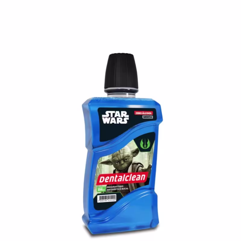 Enxaguatório bucal antisséptico da linha Star Wars. O produto vem em uma embalagem azul transparente com detalhes pretos. Na frente, há uma imagem do personagem Mestre Yoda e o logotipo Star Wars. O rótulo indica que é sem álcool e tem capacidade de 350ml