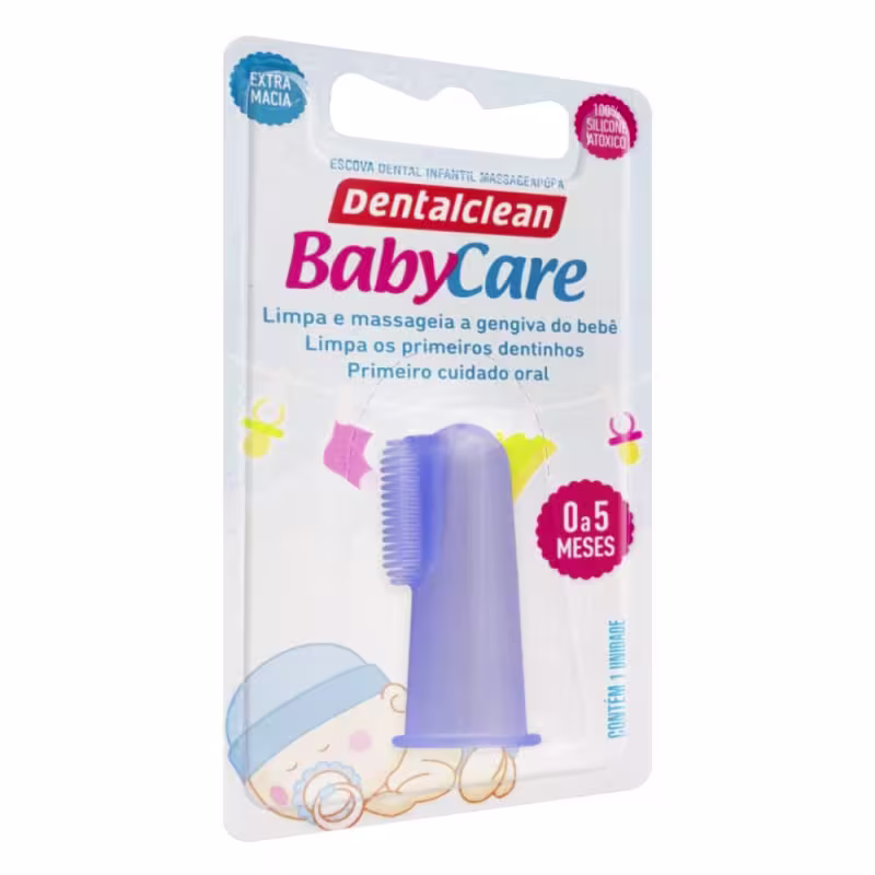 Produto para cuidados bucais infantis Dentalclean BabyCare. Embalagem contendo uma escova dental infantil de silicone na cor azul claro. Rótulo destacando: Limpa e massageia a gengiva do bebê e Limpa os primeiros dentinhos. Imagem ilustrativa de um bebê