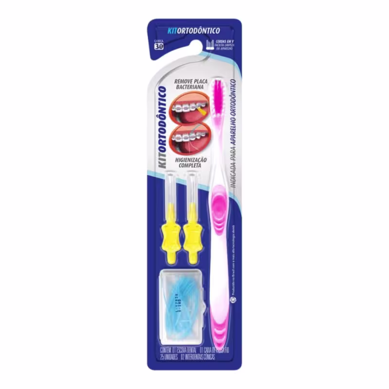 Kit ortodôntico contendo uma escova ortodôntica rosa, duas escovas interdentais amarelas pequenas, um estojo passa-fio azul. A embalagem é azul escura com detalhes em branco, azul e amarelo. Há imagens ilustrativas de aparelhos ortodônticos