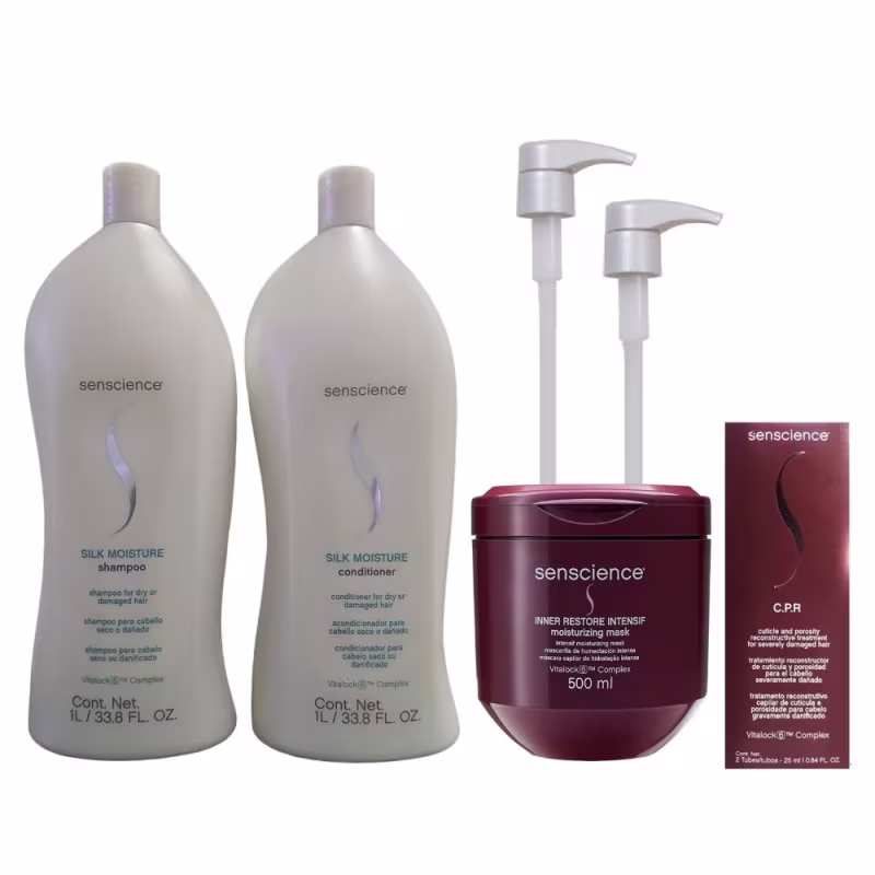 Kit Senscience com Silk Moisture Shampoo e Condicionador 1L + Máscara Inner intensif 500ml + Tratamento CPR (2x25ml) + 2 Válvulas Pump
