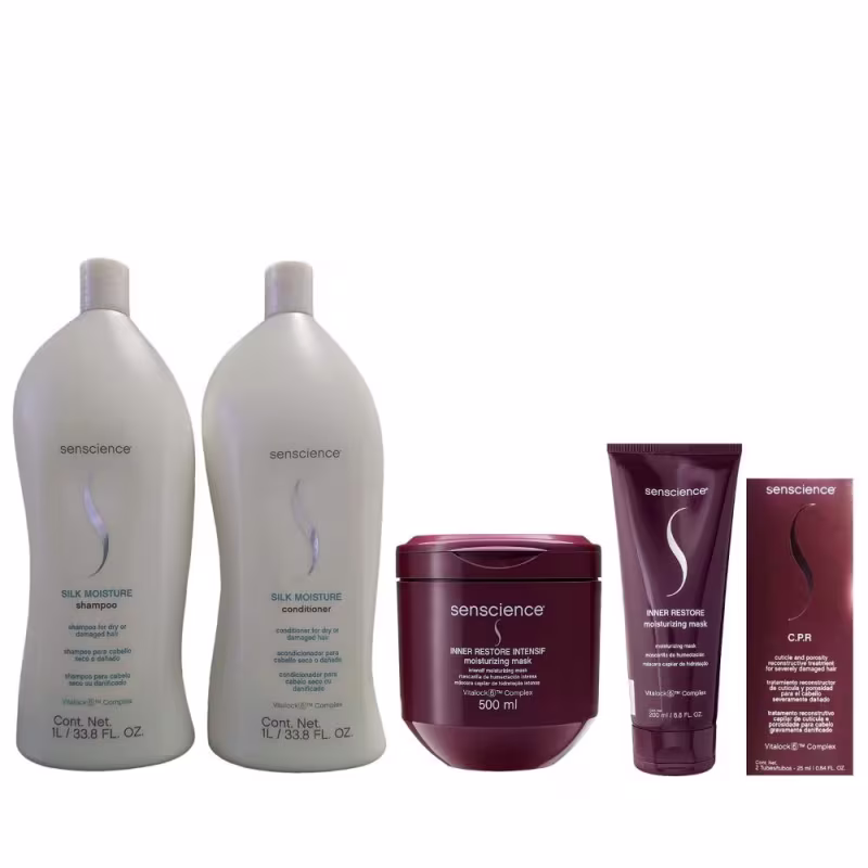 Kit Senscience com Silk Moisture Shampoo e Condicionador 1L + Máscaras Inner intensif 500ml + Inner Moisturizing 200ml + Tratamento CPR (2x25ml)