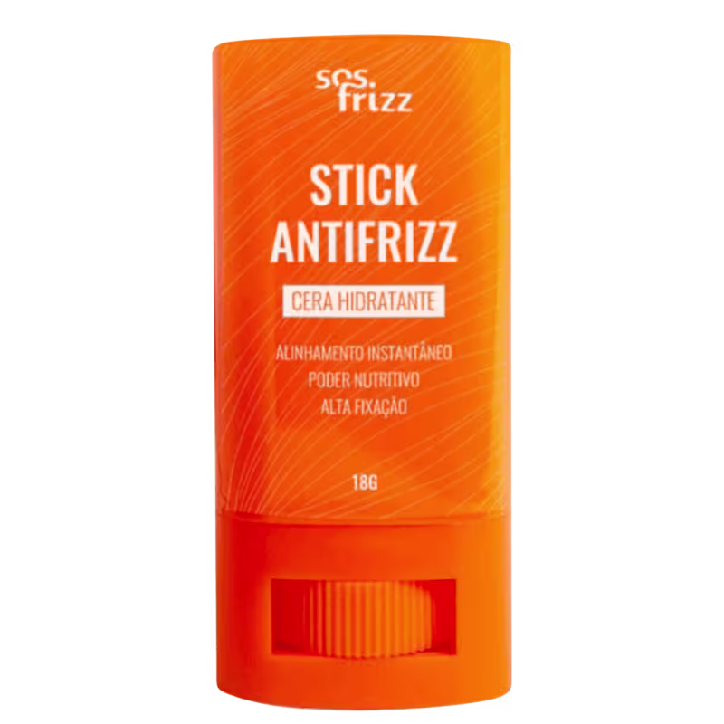O produto apresentado é um Stick Antifrizz da marca Sos Frizz. Trata-se de um produto de cuidados com os cabelos, com embalagem cilíndrica em bastão de cor laranja.