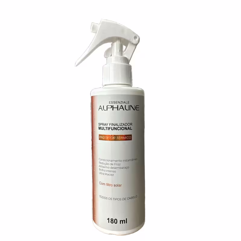 Spray finalizador multifuncional da linha Alpha Line. Embalagem plástica branca com detalhes em laranja. Rótulo indicando "Protetor Térmico" e listando benefícios como condicionamento instantâneo, redução de frizz, brilho intenso e ultra maciez.