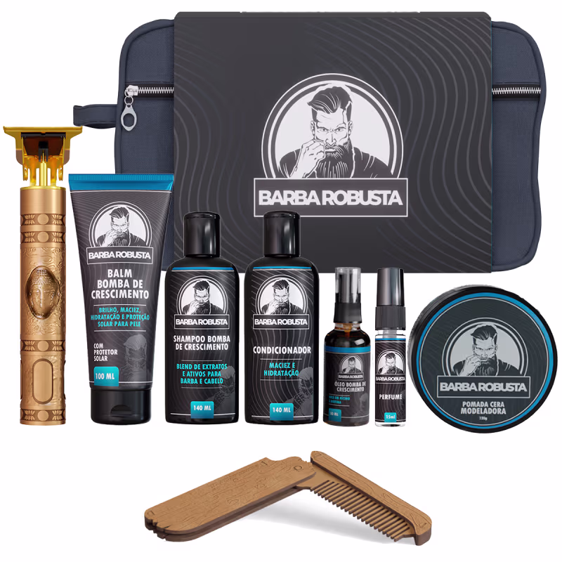 Kit Cuidados Barba Elite Barba Robusta Shampoo, Condicionador, Balm, Óleo, Perfume, Pomada, Pente, Máquina, Necessaire