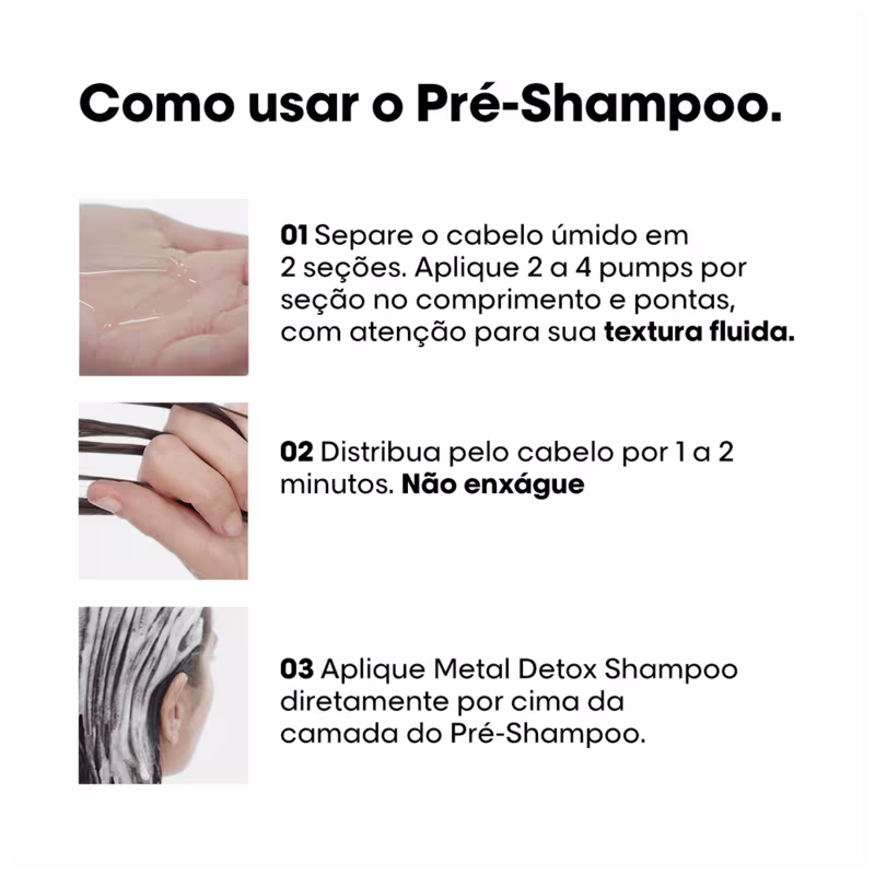 A imagem mostra o passo a passo de aplicação do Pré-Shampoo Metal Detox, com 3 fotos ilustrativas do processo.