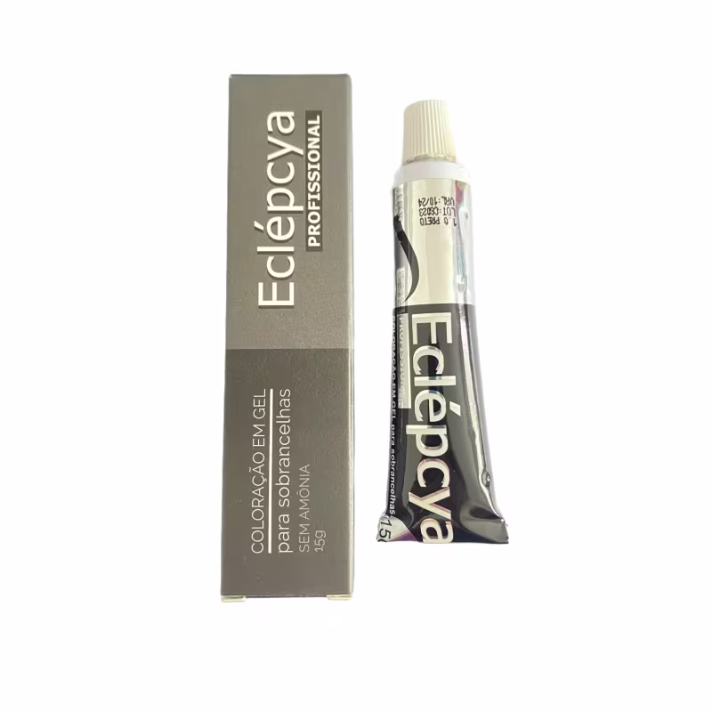 Este é um produto de maquiagem da marca Eclépcya Professional. É um gel colorido em embalagem retangular preta com detalhes em relevo. A embalagem apresenta o nome do produto "Coloracao em Gel" e a descrição "Pele Sobrancelhas" em letras brancas.