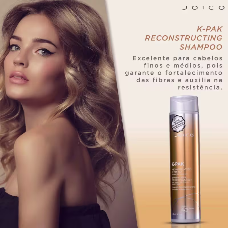 O produto apresentado é um shampoo chamado K-Pak da marca Joico. A imagem mostra uma modelo loira com cabelos ondulados e texto indicando que o shampoo fortalece e auxilia na resistência dos fios.