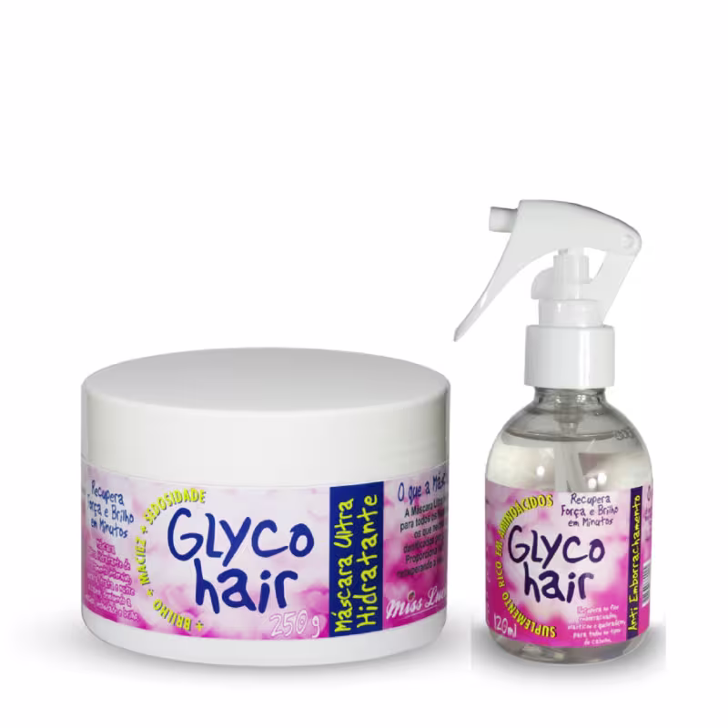 A imagem mostra dois produtos: um deles é um frasco spray transparente com um líquido incolor e o outro é um pote branco com uma fórmula cremosa em tons de rosa. Ambos os produtos têm o nome "Glyco hair" escrito em letras grandes e coloridas.