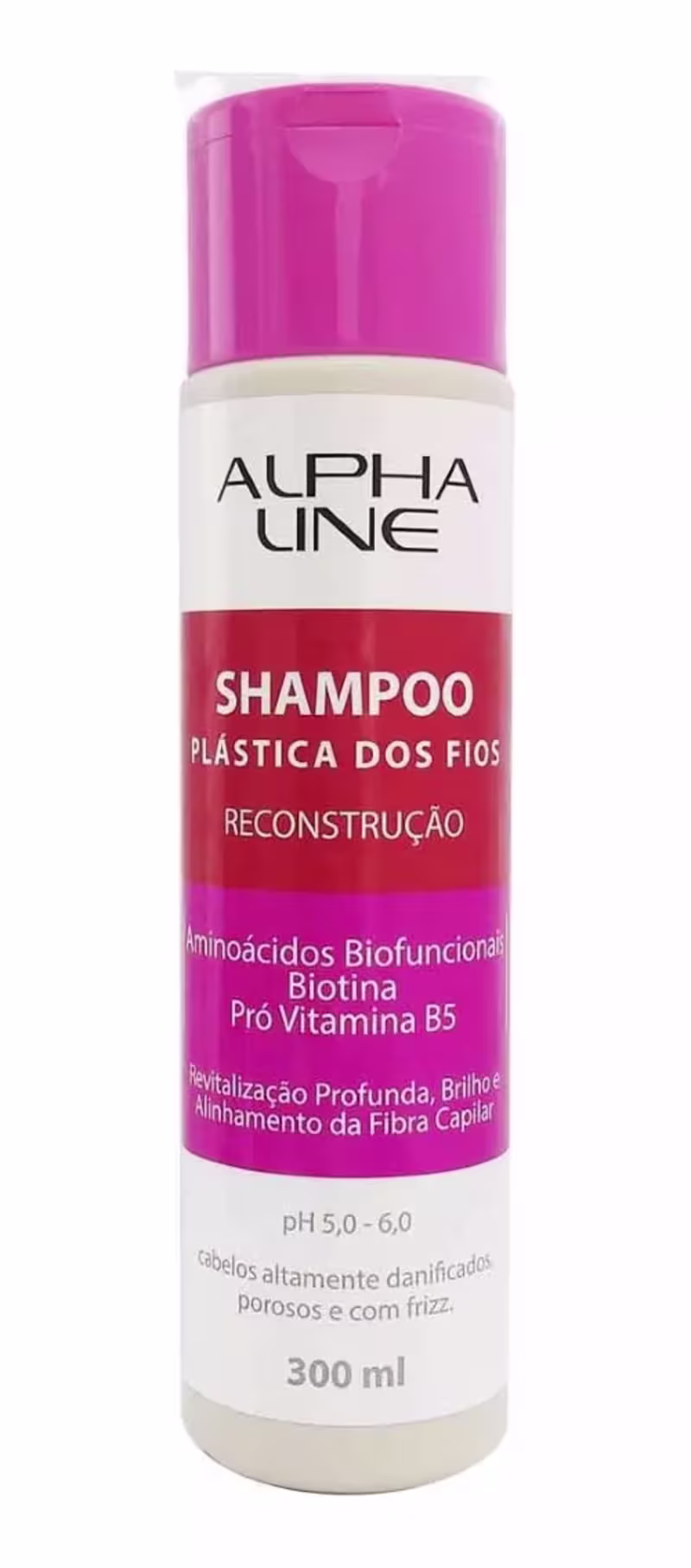 Shampoo plástica dos fios da linha Alpha Line. Embalagem cilíndrica de plástico com tampa rosa. Rótulo branco com o nome do produto "SHAMPOO PLÁSTICA DOS FIOS" em letras maiúsculas pretas, detalhes em rosa e vermelho.